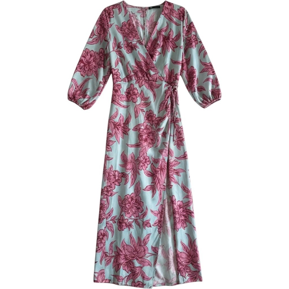 Zara Floral Maxi‎ Dress M Blue Pink Wrap Satin Balloon Sleeve Slit Cottagecore